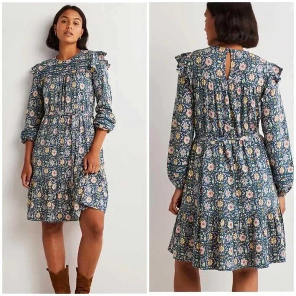 BODEN Floral Ruffle Trim Dress‎ Long Sleeve Jersey Pockets Size 6R Gypsy Boho